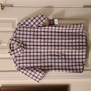 ST. JOHNS BAY BRAND MENS BLUE & WHITE PLAID SHORT SLEEVE BUTTON SHIRT SIZE SMALL